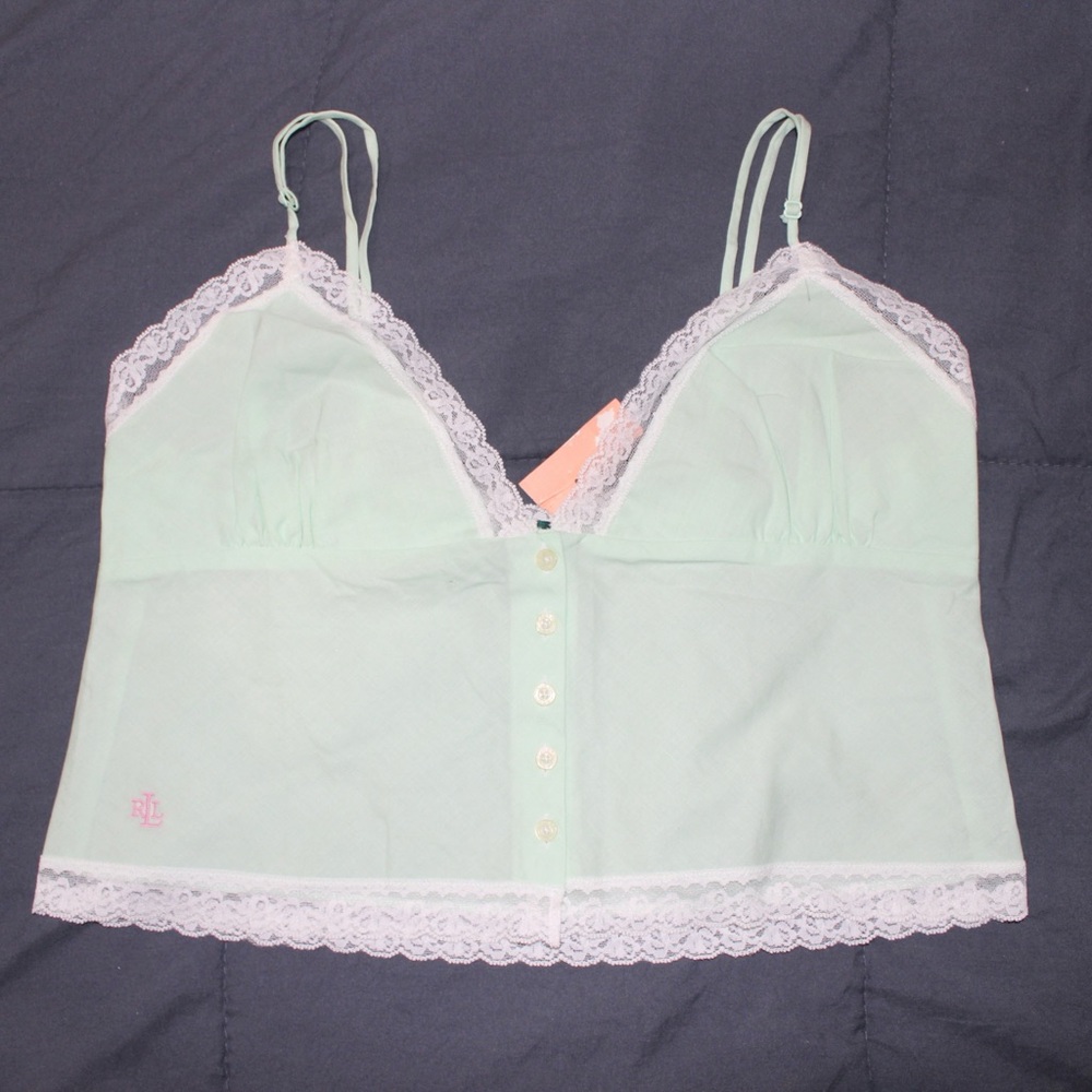 Ralph Lauren Light Green Lace Trim Blouse